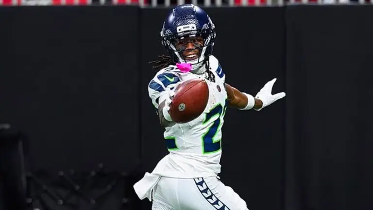 Rashid Shaheed celebrates scoring a touchdown for the Seattle Seahawks