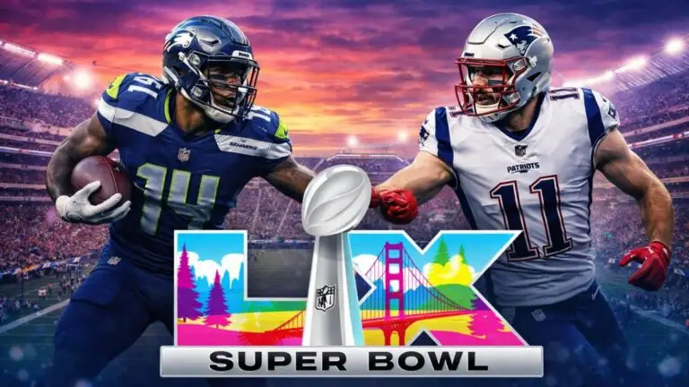 A promotional photo for the Seahawks and Patriots clashing at Super Bowl LX